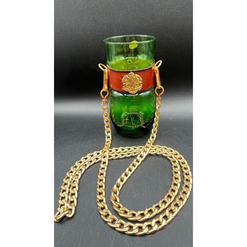 1970s Italian Providentaie Memor Green Glass Vessel Leather Crest Wrap Italy
